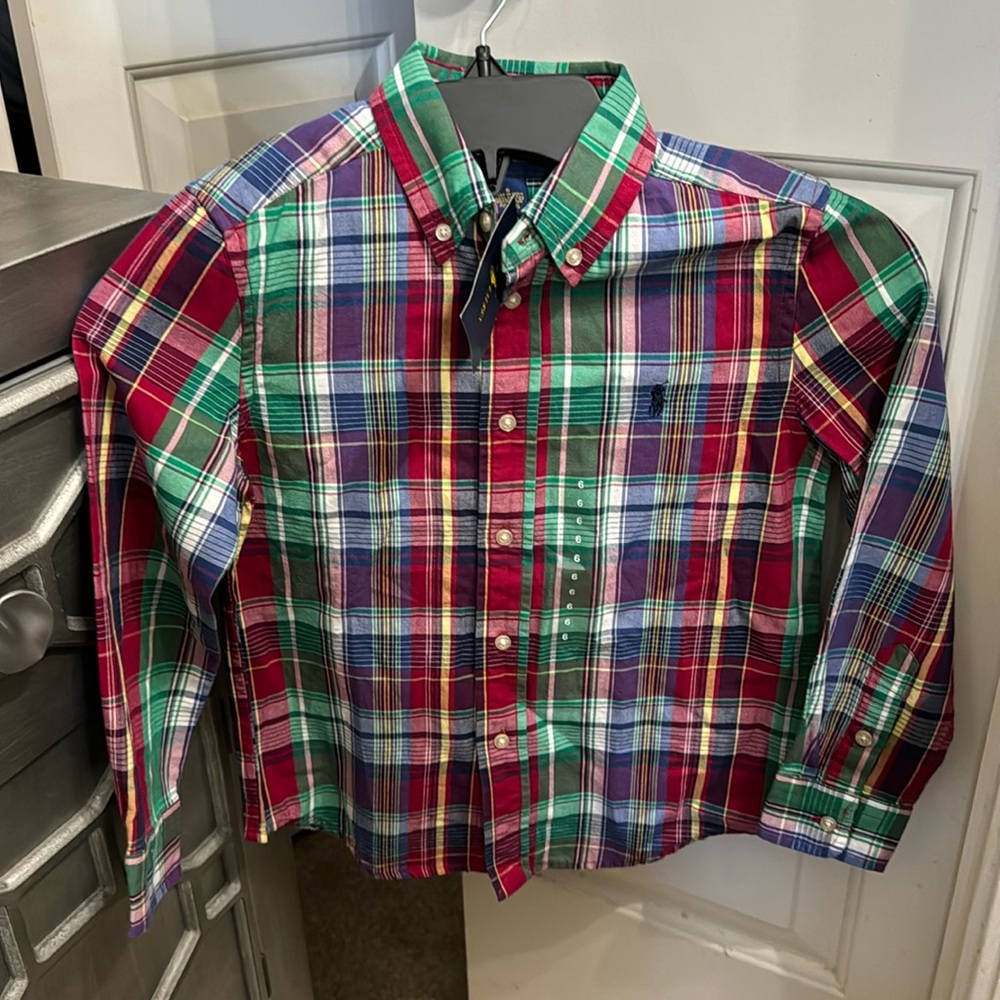 Boys Polo Ralph Lauren long sleeve shirt. Multi plaid in color, size 6. NWT.